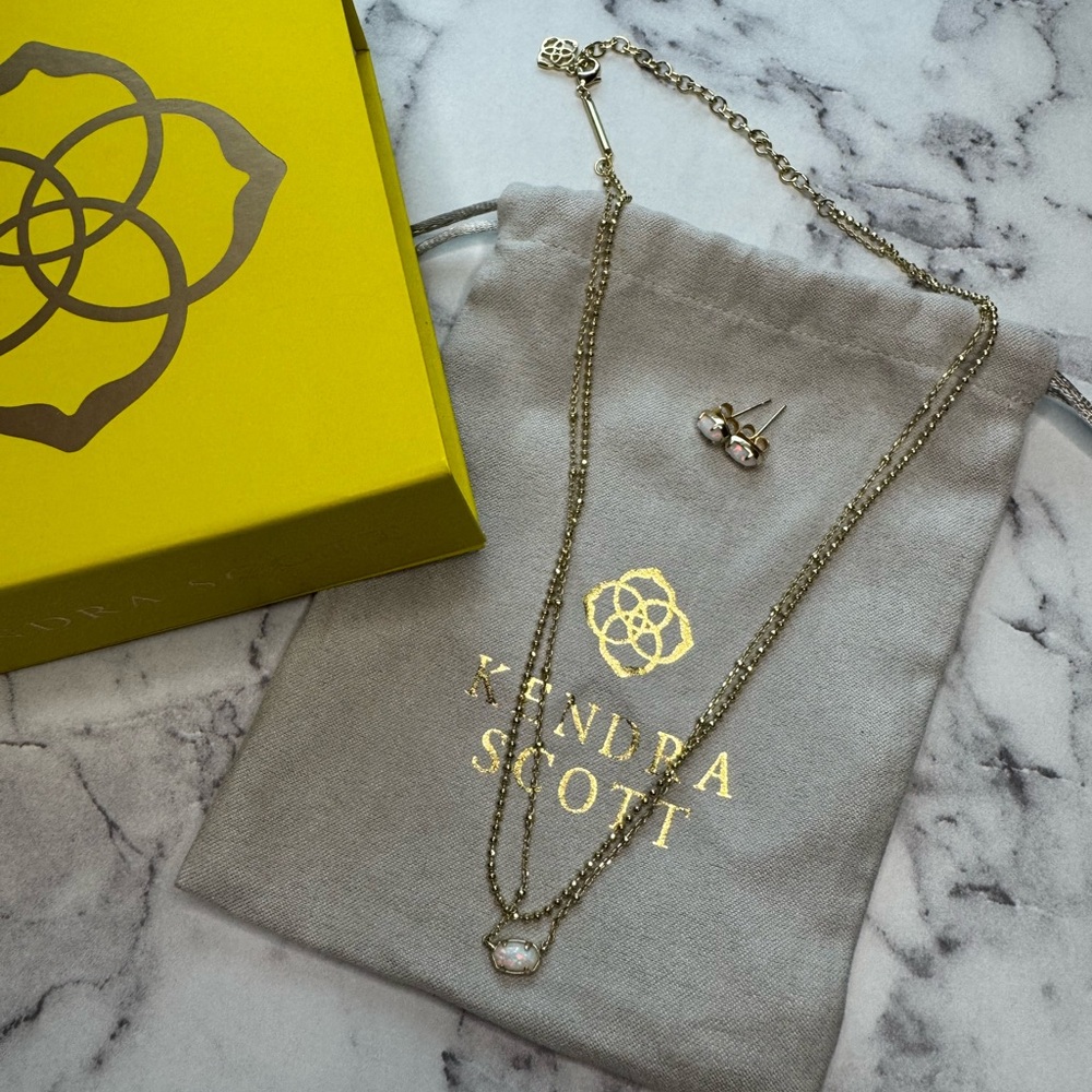 Set of Kendra Scott Gold Necklace and stud earrings with White Stone